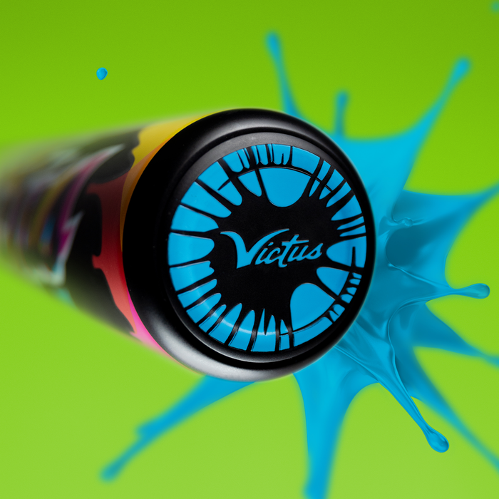 A close-up of the 2025 Victus Vibe (-3) BBCOR Baseball Bat: VCBVIB showcases its sleek design and Victus’s signature vibration-reducing knob.