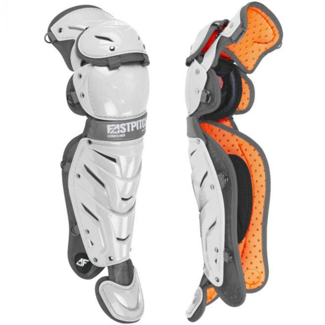 The All Star AFx Fastpitch Catcher's Leg Guards: LGW-AFX feature a sleek white and orange design, offering women enhanced comfort and protection behind the plate.