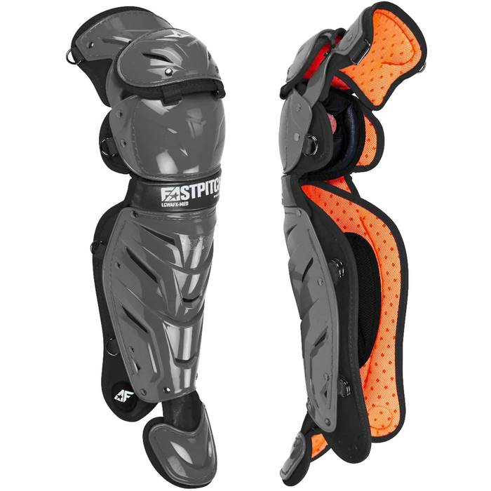 A close-up of the All Star AFx Fastpitch Catcher's Leg Guards: LGW-AFX, featuring LINQ™ technology for optimal flexibility in All Star catcher leg guards.