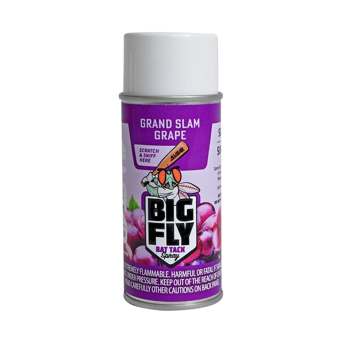 A can of All Star Big Fly Bat Tack Spray: BFSP1 in Grand Slam Grape scent, with purple packaging, grapes and a cartoon fly on the label. The white-capped can says Scratch & Sniff Here—ideal for players wanting unbeatable bat grip.