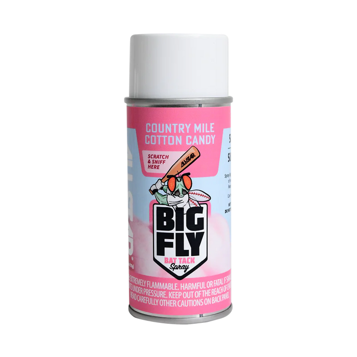 The All Star Big Fly Bat Tack Spray: BFSP1 in Country Mile Cotton Candy scent boosts bat grip with a fun pink and white aerosol can, cartoon fly design, and an All-Star Scratch & Sniff sticker.