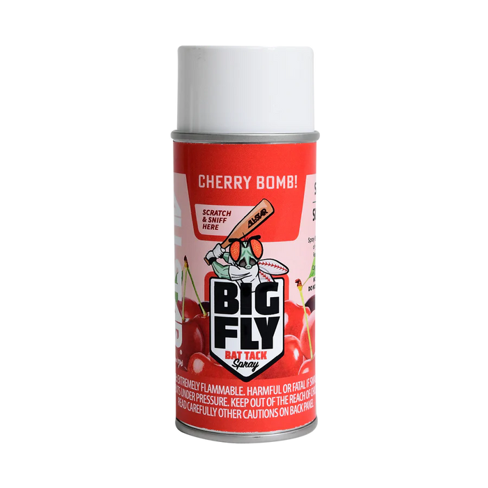 A can of All Star Big Fly Bat Tack Spray: BFSP1 in Cherry Bomb scent, with a red and white label featuring a cartoon fly and cherries—perfect for achieving an All-Star bat grip.