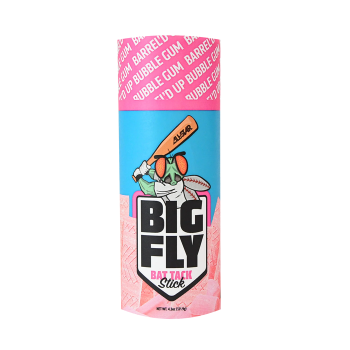 The All Star Big Fly Bat Tack Stick (BFST1) comes in a cylindrical container with pink and blue colors, stylized text, and a cartoon fly holding a bat—designed for All-Star-level bat grip performance.
