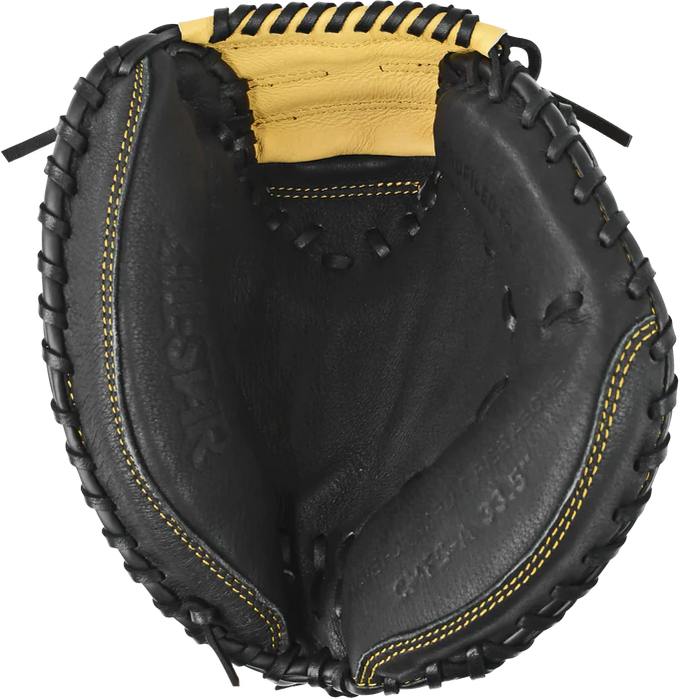 The All Star Future Star 33.5" Catcher's Mitt: CM-FS-A is shown open in black and yellow, crafted from durable leather with detailed stitching, Pro Guard Padding, and an embossed All Star brand name on the palm.
