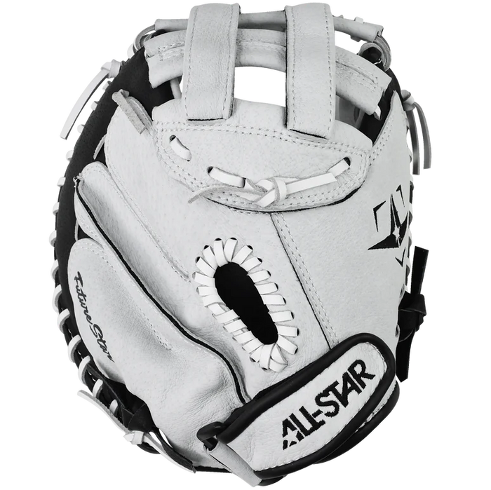 The All Star Future Star 34" Fastpitch Catcher's Mitt (CMW-FS-A) is a white youth mitt with black and white lacing, ALL-STAR on the wrist strap, Rawlings near the thumb, and an adjustable wrist closure for a secure fit.