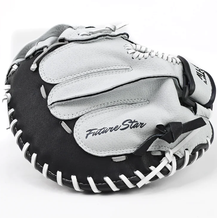 The All Star Future Star 34" Fastpitch Catcher's Mitt: CMW-FS-A is a black and white youth catcher’s mitt with “Future Star” on the side, white laces, an adjustable wrist closure, and a partially visible All Star logo on the wrist strap.