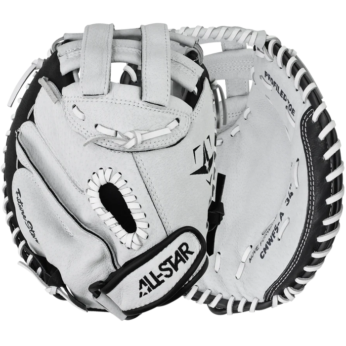 The All Star Future Star 34" Fastpitch Catcher's Mitt (CMW-FS-A) features an adjustable wrist closure for comfort and performance, shown against a white background.
