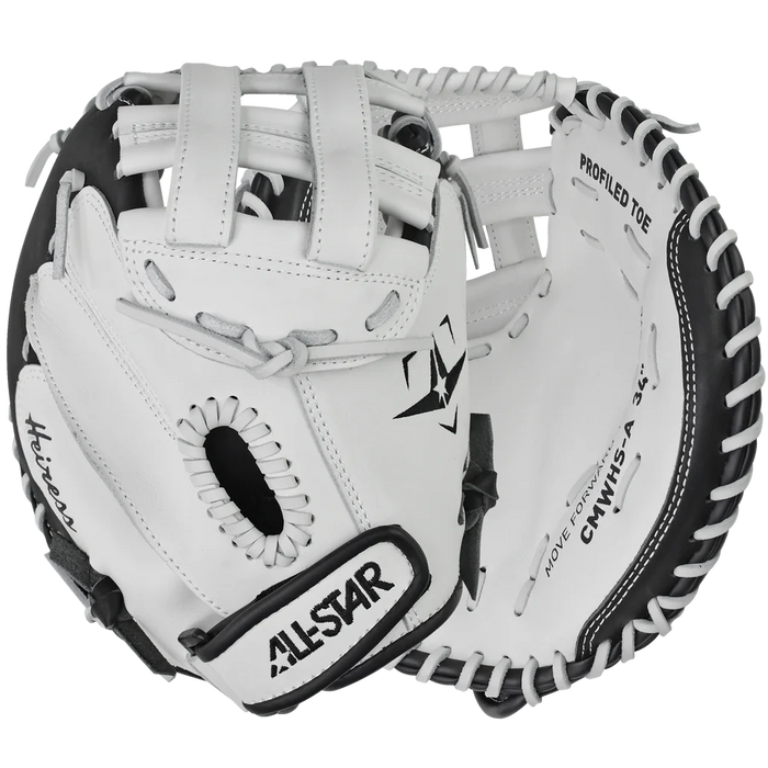 The All Star Heiress 34" Fastpitch Catcher's Mitt (CMW-H-A) is a white and black mitt with ALL-STAR on the wrist strap, made from durable steerhide leather with lacing, a deep pocket, and "Heirloom" on the thumb for elite travel ball catchers.