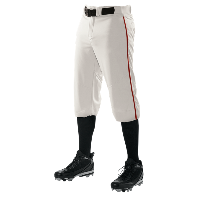 The Alleson Adult Crush Knicker Baseball Pants with Piping (655PKB) feature a white double-knit polyester build, red side stripe, black belt, black knee-high socks, and black cleats—all displayed on a lower body mannequin.