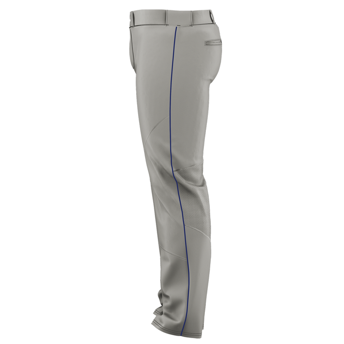 Alleson Adult Crush Open Bottom Baseball Pants with Piping (655WLB) by Alleson shown from the side in gray with a blue stripe. Made of durable double-knit polyester, these pants feature belt loops, a back pocket, reinforced knees, and sliding protection.