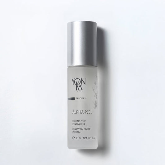 Alpha-Peel 30 ml bottle with Yon-Ka Paris label noting 15% fruit acids and hydrating complex