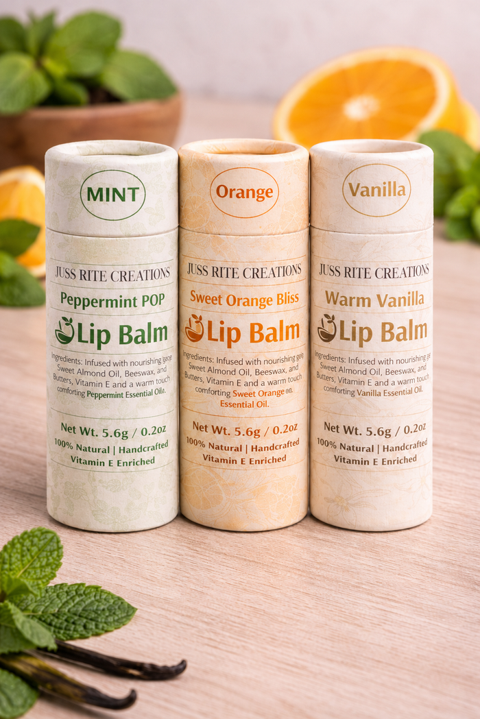 three lip balms three different flavor mint, orange, vanilla
