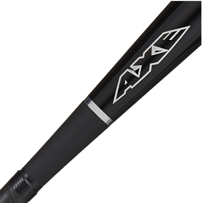 A close-up of the AXE Pro Maple Youth Wood Baseball Bat: L116J by AXE shows its big-barrel profile, bold white "AXE" lettering near the barrel, and a handle wrapped for better grip.