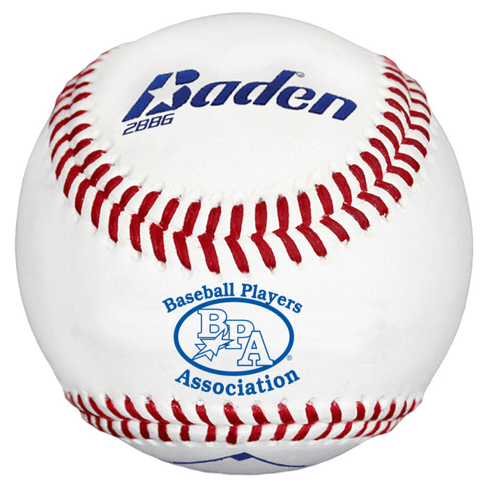 A white Baden BPA Baseball (model 2BBBPAG) features red stitching, blue "Baden" text on top, and “Baseball Players Association BPA” with a logo on the lower side.