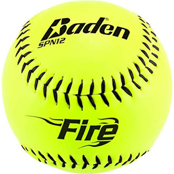 The Baden NSA Fire ICON 12" 44/400 Synthetic Slowpitch Softball (SPN12) features a bright yellow cover, black stitching, "Fire" with a flame graphic, and is NSA certified for official league play.