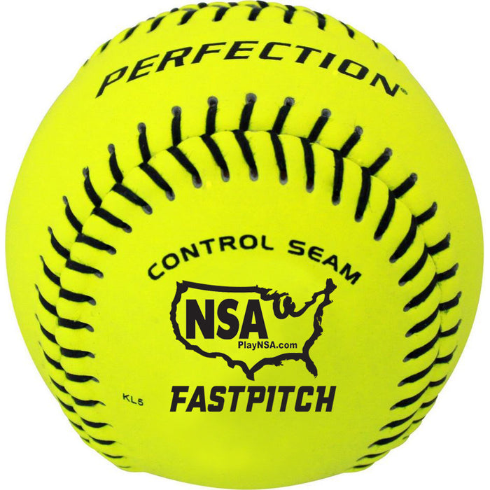 The Baden NSA Perfection 11" 47/375 Leather Fastpitch Softball (FPN11) is a bright yellow NSA-certified ball with a pro leather cover, black stitching, and “PERFECTION,” “CONTROL SEAM,” “NSA PlayNSA.com” in a U.S. outline, and “FASTPITCH” printed on it.