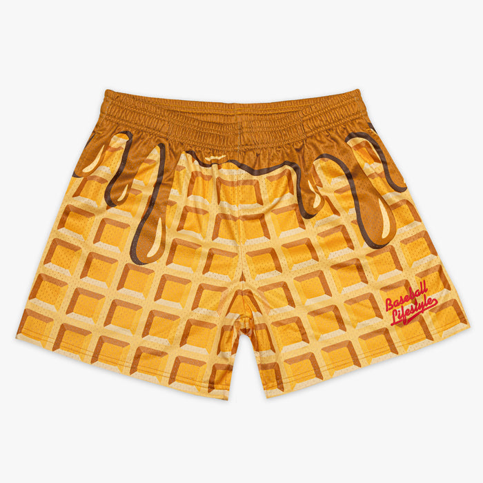 Waffle-patterned shorts with a BL101 logo on a white background