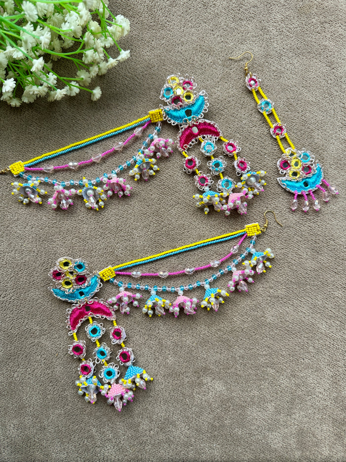 Beaded Jhumka & Tikka Set | Sky Blue, Pink & Yellow | Mehandi Jewellery