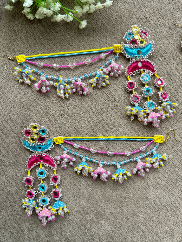 Beaded Jhumka & Tikka Set | Sky Blue, Pink & Yellow | Mehandi Jewellery
