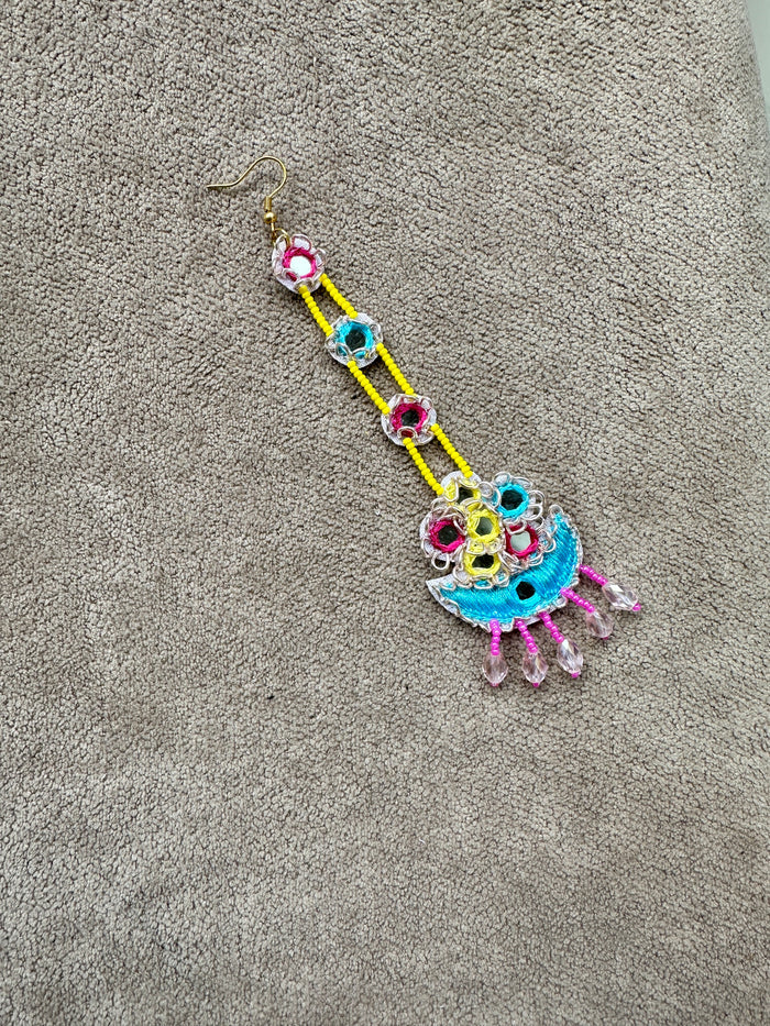 Beaded Jhumka & Tikka Set | Sky Blue, Pink & Yellow | Mehandi Jewellery