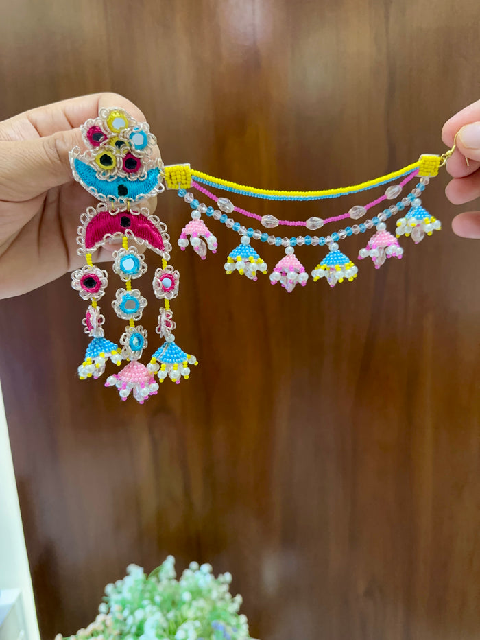Beaded Jhumka & Tikka Set | Sky Blue, Pink & Yellow | Mehandi Jewellery