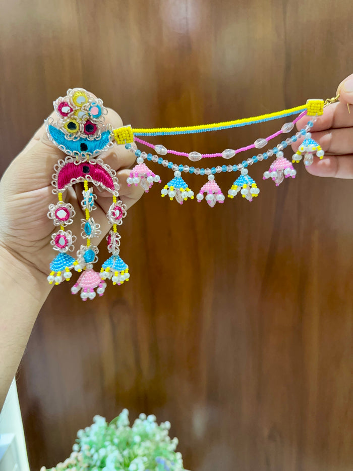 Beaded Jhumka & Tikka Set | Sky Blue, Pink & Yellow | Mehandi Jewellery