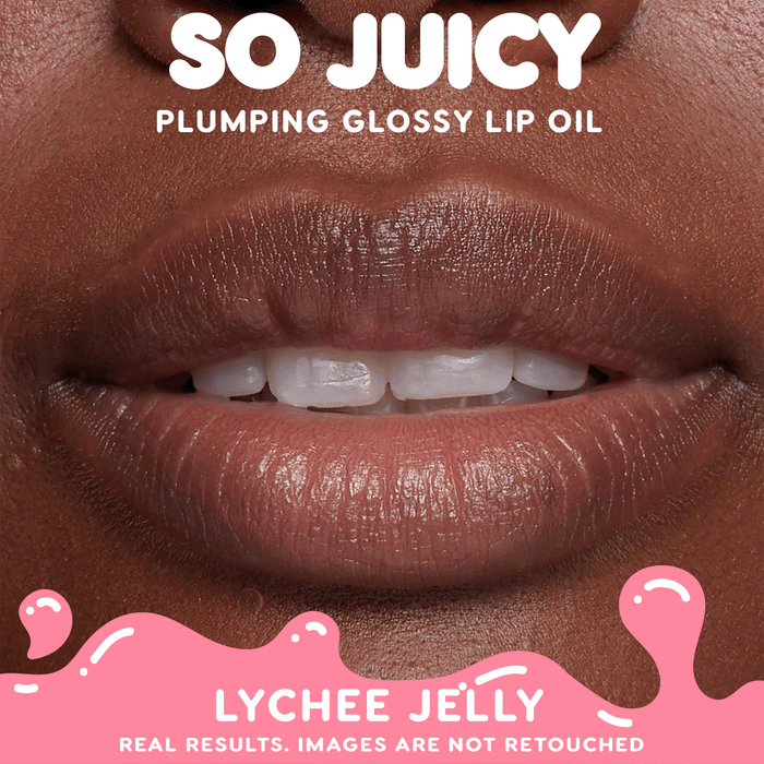 Close-up lips wearing Beverly Drive, ColourPop So Juicy Plumping Glossy Lip Oil, plumping to a smooth, hydrated, high-shine finish in a studio macro shot.