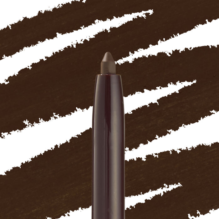 ColourPop Crème Gel Liner in Brew Haha, a deep coffee-brown shade, shown with a twist-up tip in close-up against bold brown swatch strokes on white, highlighting the creamy gel tip and precise pencil format.