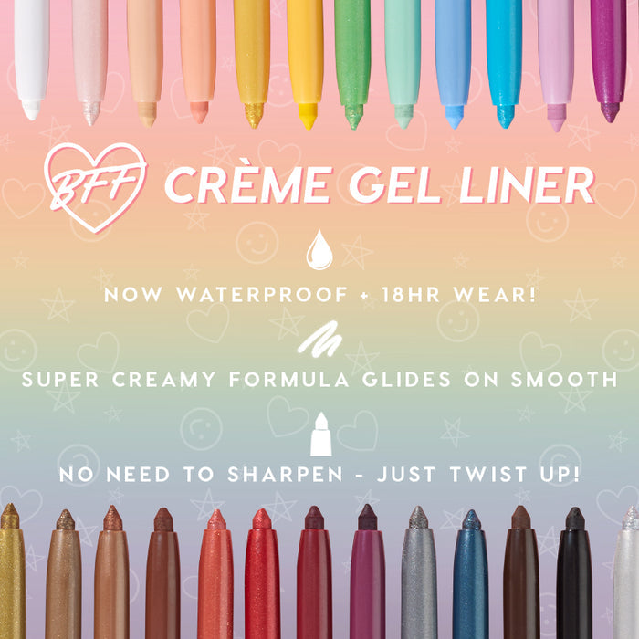 Brew Haha ColourPop Crème Gel Liner pencil displayed in a rainbow lineup, showcasing a creamy twist-up eyeliner that glides on smooth, now waterproof with up to 18-hour wear, set on a pastel gradient backdrop with stars and smiley icons.