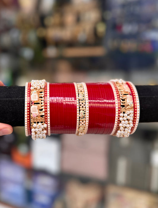 Bridal Chura Rich red and Gold Polish Kada and Pearl work BDH017