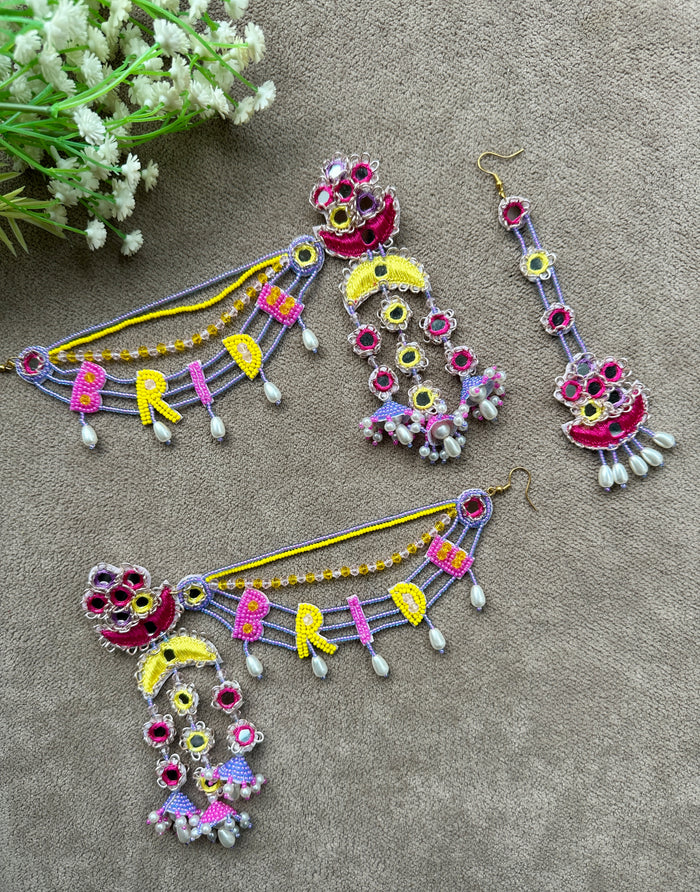 BRIDE Beaded Passa Earring & Tikka Set | Lavender, Pink & Yellow | Mehandi Jewellery