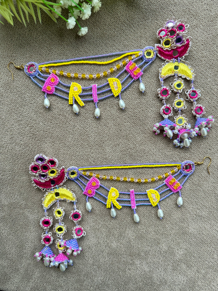 BRIDE Beaded Passa Earring & Tikka Set | Lavender, Pink & Yellow | Mehandi Jewellery