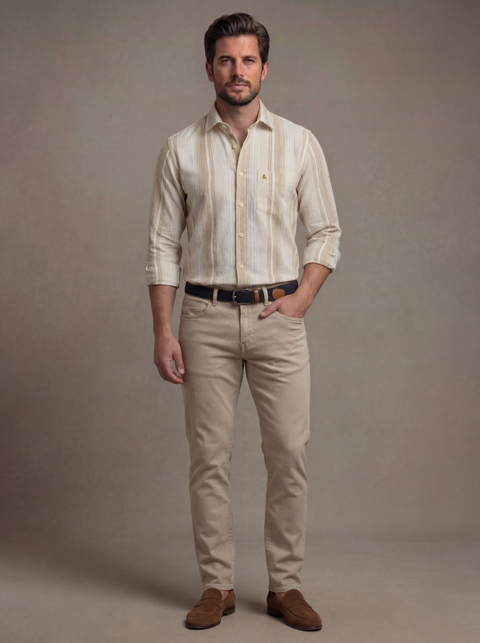 Burano Crepe Sand Striped Full Sleeve Tailored Fit Casual Cotton Shirt