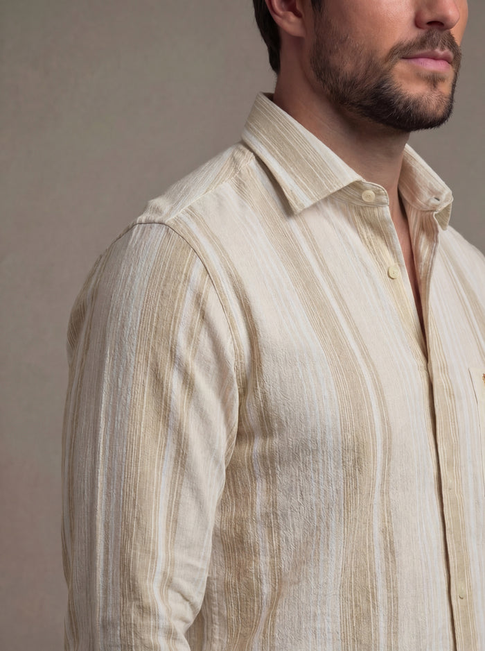 Burano Crepe Sand Striped Full Sleeve Tailored Fit Casual Cotton Shirt