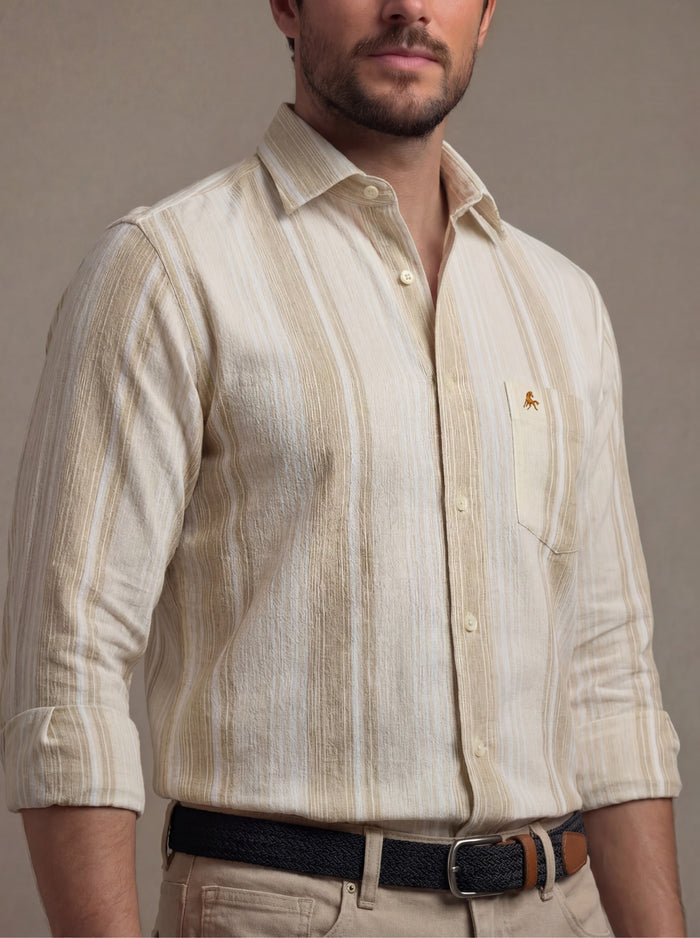 Burano Crepe Sand Striped Full Sleeve Tailored Fit Casual Cotton Shirt