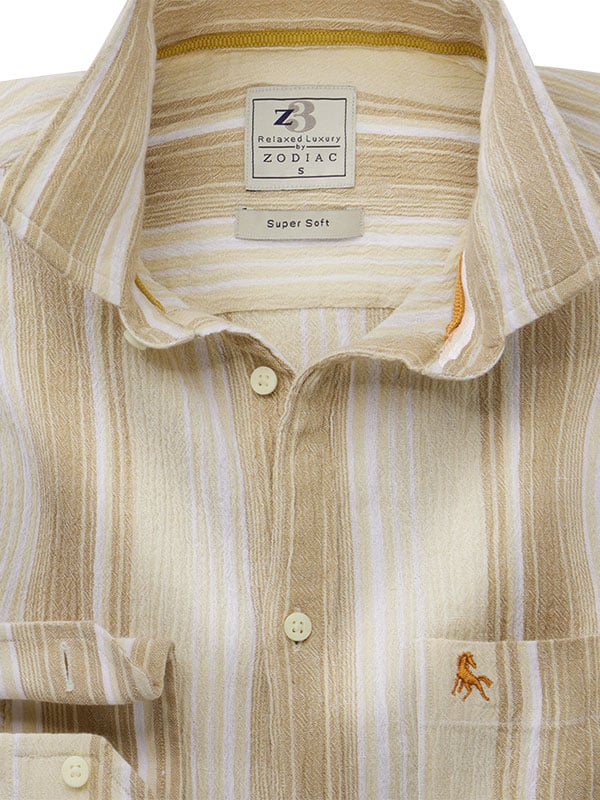 Burano Crepe Sand Striped Full Sleeve Tailored Fit Casual Cotton Shirt