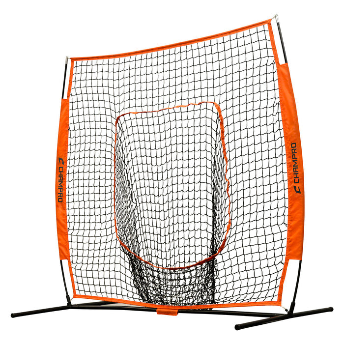 The Champro Sports 7' x 7' MVP Portable Hitting Sock Net (NB44E) features a high-visibility black frame with orange accents, shock-absorbent fiberglass poles, and a built-in central target zone for pitching or hitting drills.