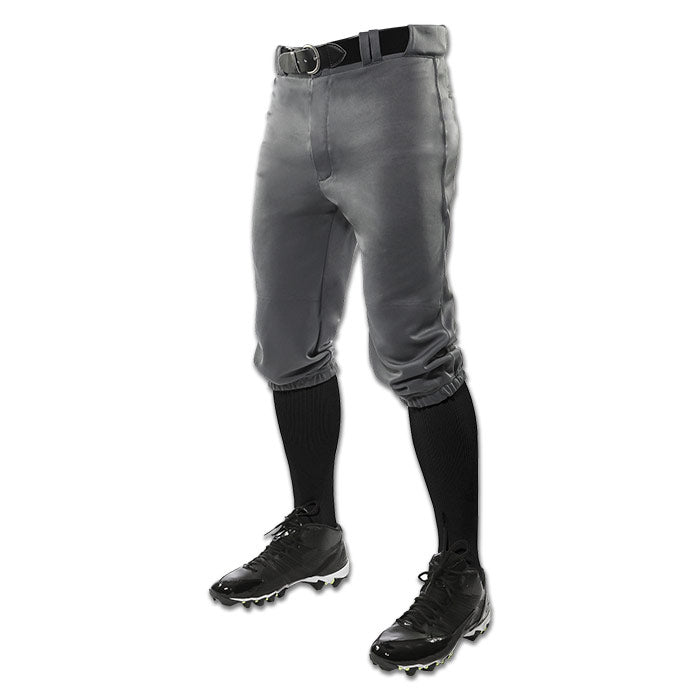 Champro Sports Adult Triple Crown Knicker Baseball Pants (BP10A) in gray, shown with a black belt, black knee-high socks, and black cleats, displayed on a white background.