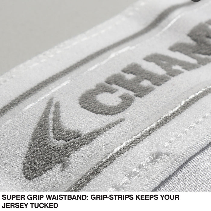 Close-up of the white pro-weight waistband on Champro Sports Adult Triple Crown Knicker Baseball Pants (BP10A), featuring a textured grip strip, visible stitching, and a gray logo. Caption: SUPER GRIP WAISTBAND: GRIP-STRIPS KEEP JERSEY TUCKED.