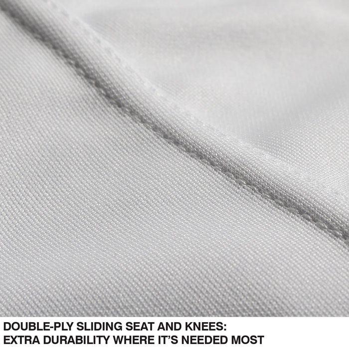 Close-up of light gray, abrasion-resistant fabric and stitching reveals a double-ply layer. Champro Sports Triple Crown Knicker BP10A: Double-ply seat and knees for added durability where you need it most.
