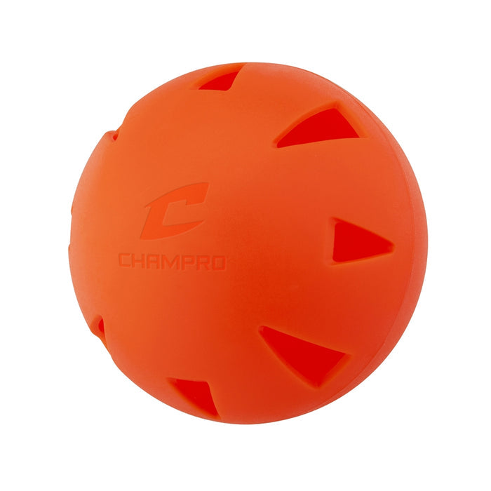 The Champro Sports Brute 9" Poly Training Ball (CBB4) is a bright orange, heavy-duty plastic ball with triangular cutout vents and "CHAMPRO" embossed on the surface for reduced flight.