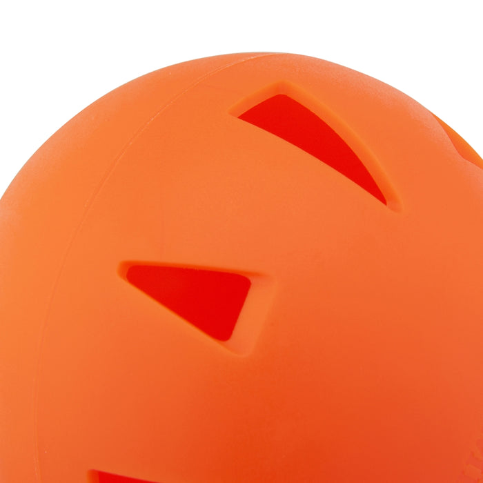 Close-up of a Champro Brute 9" Poly Training Ball (CBB4) by Champro Sports, a heavy-duty orange training ball with triangular cut-outs for reduced flight, set against a white background.