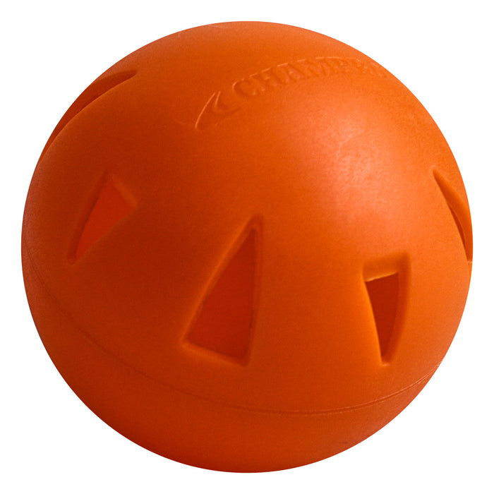 The Champro Brute 9" Poly Training Ball by Champro Sports is a bright orange, heavy-duty plastic ball with triangular cutout holes and a textured surface, ideal for baseball or softball wiffle training practice.
