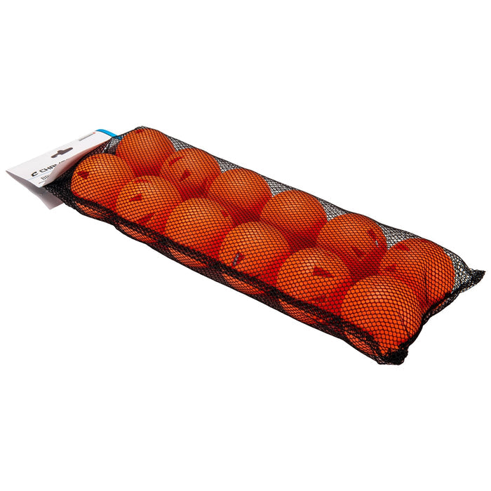 A black mesh bag with twelve Champro Brute 9" Poly Training Balls by Champro Sports, orange reduced-flight wiffle balls for heavy-duty practice, featuring a white label on one end.