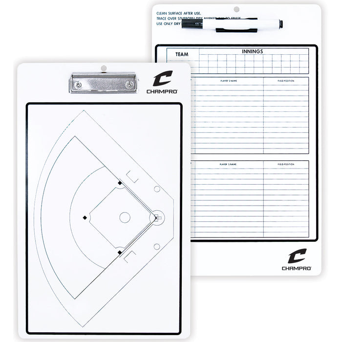The Champro Sports Coaches Dry Erase Clip Board (A091) offers a full field layout and pen, perfect for strategizing. Its two-sided design doubles as a dry erase board for quick notes or diagrams.