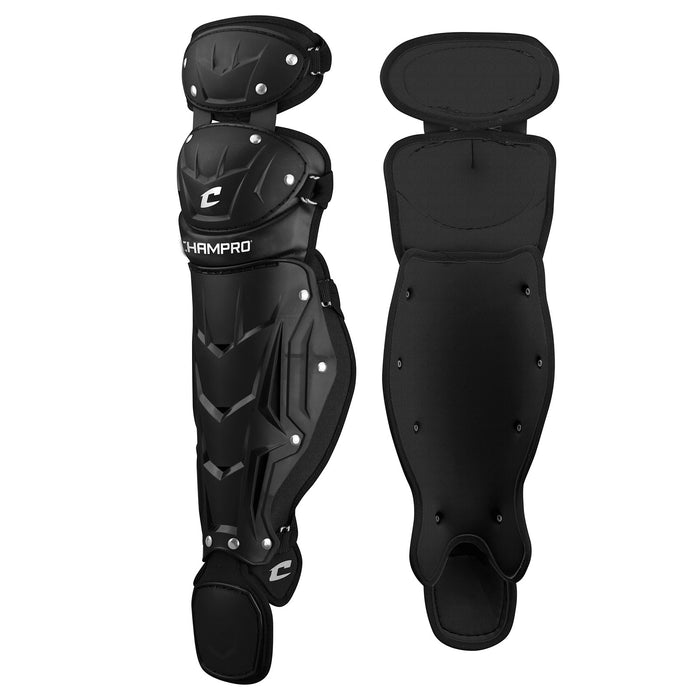 Two Champro Optimus MVP Catcher's Leg Guards (CG106/CG111) by Champro Sports are shown—one with a hard PE shell and white branding, the other with a padded interior. Both offer knee and ankle protection for superior impact resistance.
