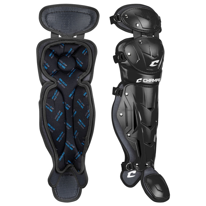 The Champro Sports Optimus Pro Catcher's Leg Guards (CG18) are shown in black—one reveals the padded, moisture-wicking interior, while the other displays the hard exterior with straps and a durable PE shin plate.