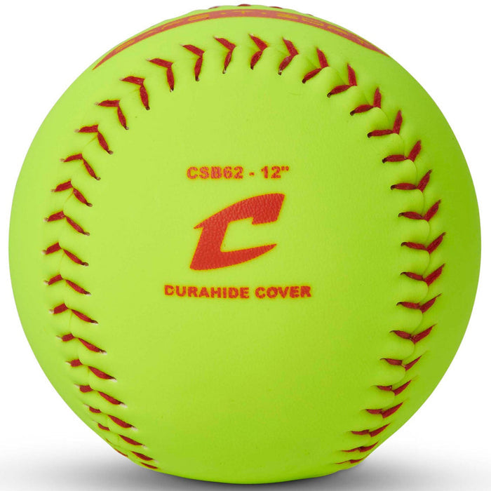 The Champro Sports SAFE-T-SOFT Duracover 12" Composite Fastpitch Softball (CSB62) features bright yellow color, red stitching, and durable construction—ideal for indoor training.