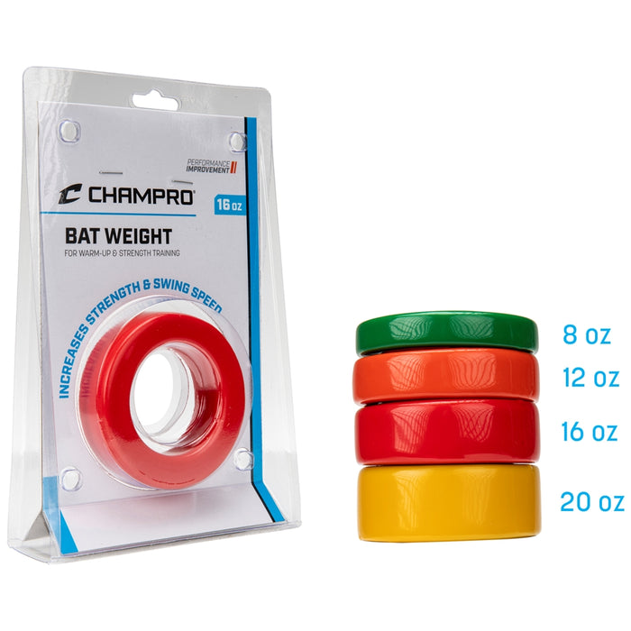 A Champro Sports Bat Weights: A014-A019 package stands by four colored bat weights—blue (8 oz), orange (12 oz), green (16 oz), yellow (20 oz)—ideal for batting warm-ups or building swing strength.