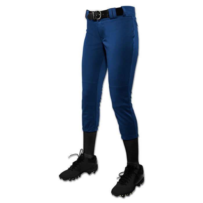A girl wears Champro Sports Girl's Low Rise Tournament Fastpitch Softball Pants (BP11G) with pro-style tunnel belt loops, a black belt, black knee-high socks, and black cleats, shown from the waist down against a white background.